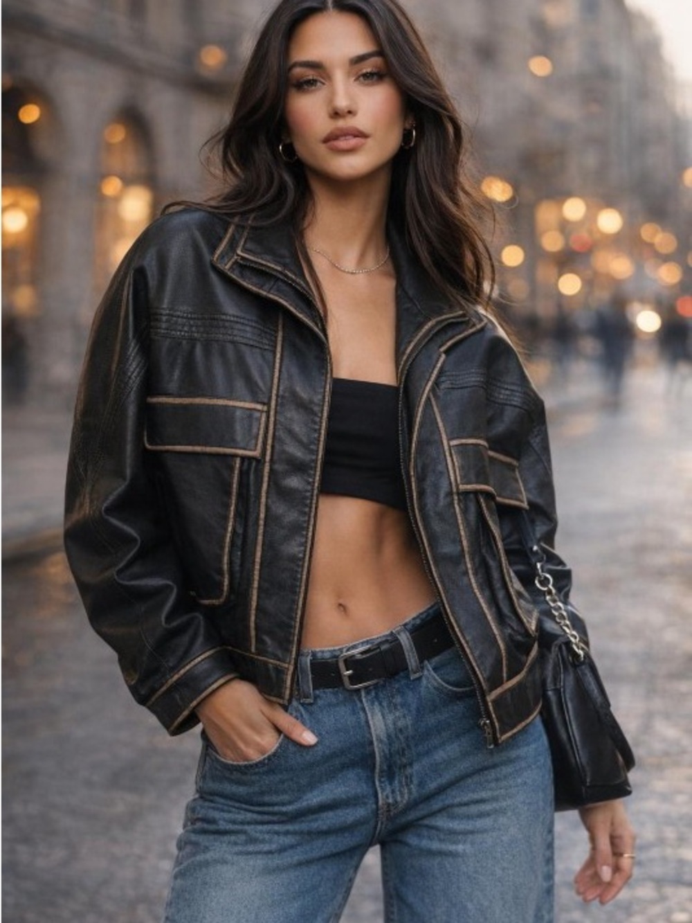 Stylish Black Faux Leather Crop Jacket - Modern Urban Coat
